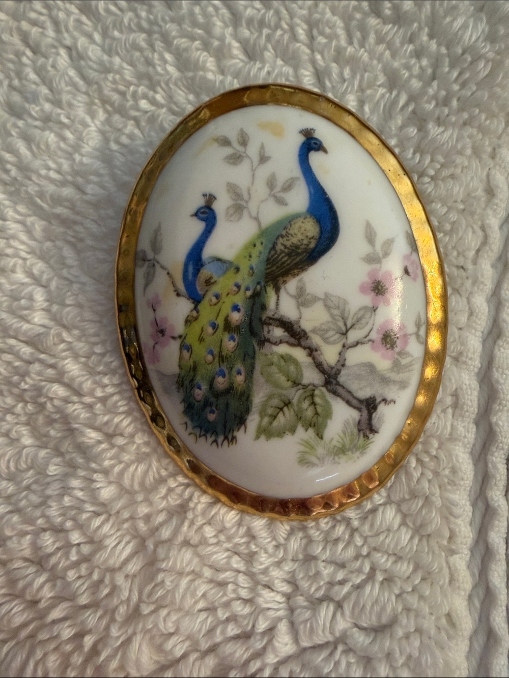 Vintage countess Porcelain Peacock Brooch with Gold Frame 1950s
